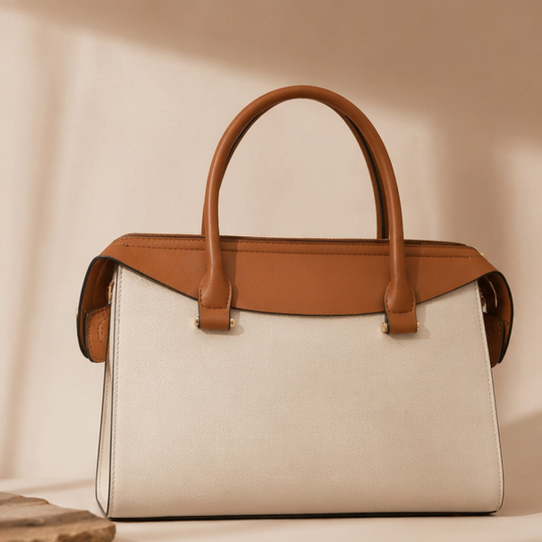 Cream & Brown Structured Handbag