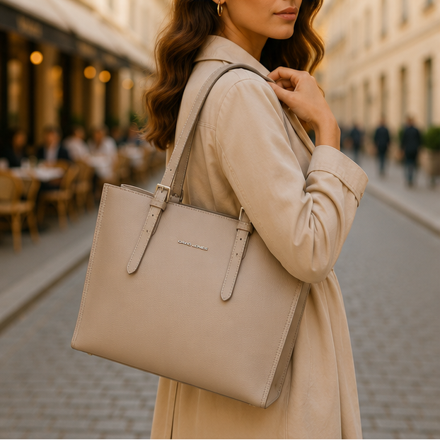 Beige Textured Top Handle Handbag