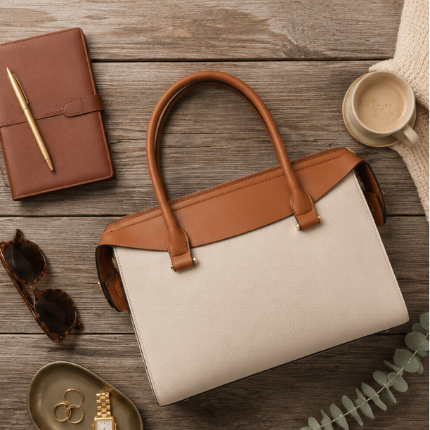 Cream & Brown Structured Handbag