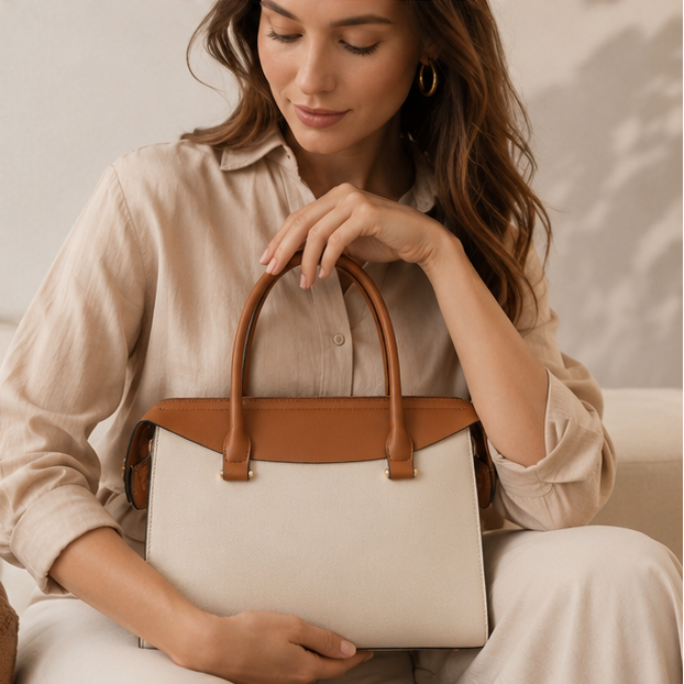 Cream & Brown Structured Handbag