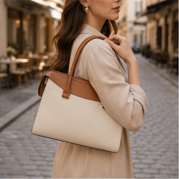 Cream & Brown Structured Handbag