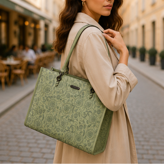Green Floral Printed Tote Handbag