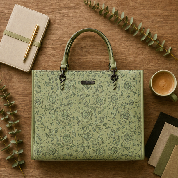 Green Floral Printed Tote Handbag