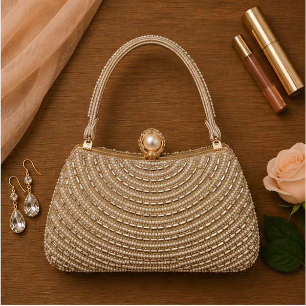 Pearl Clasp Embellished Party Clutch