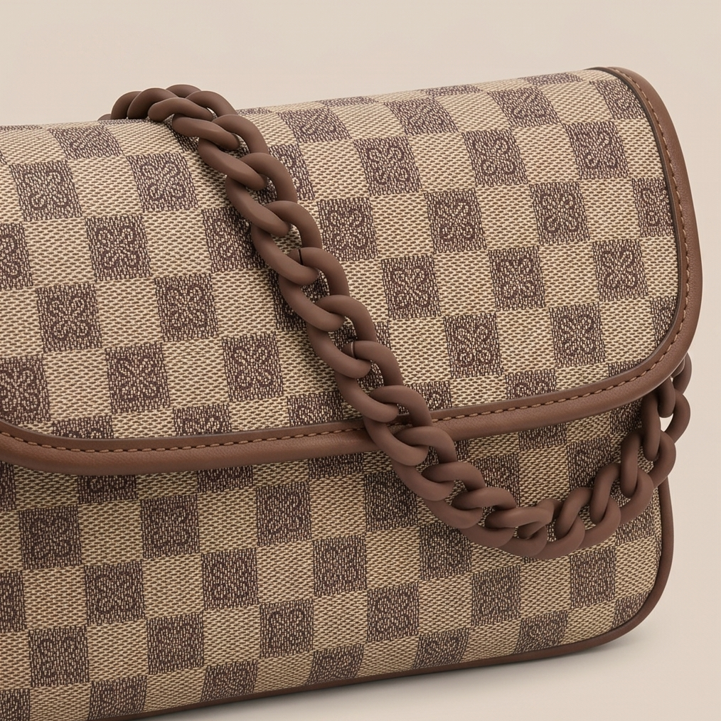 Brown Checkered Chain Sling Bag