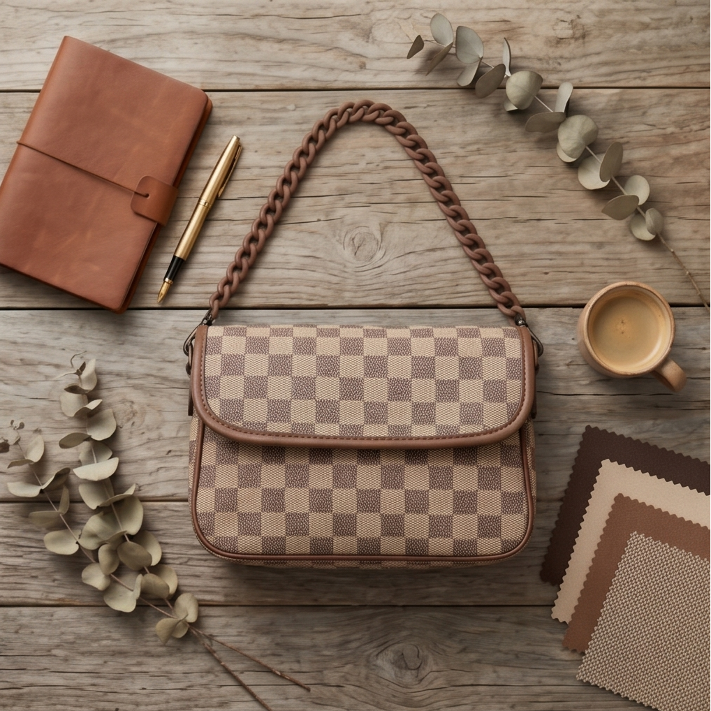 Brown Checkered Chain Sling Bag