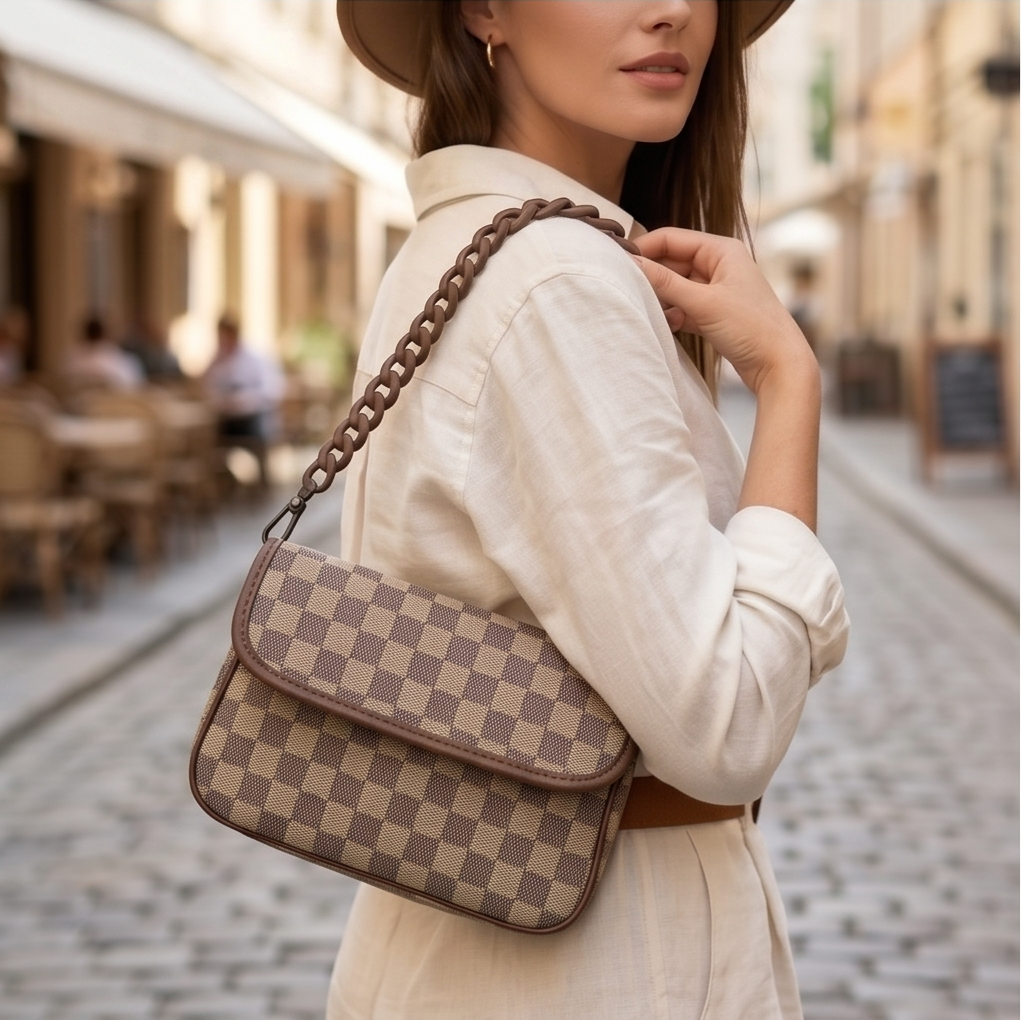 Brown Checkered Chain Sling Bag