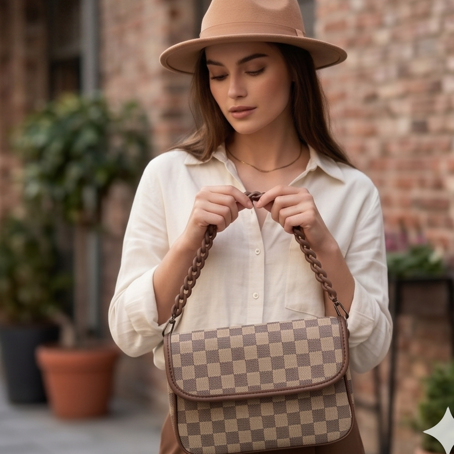 Brown Checkered Chain Sling Bag