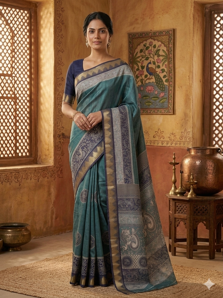 Peacock Teal Chanderi Silk Digital Print Saree with Contrast Blouse
