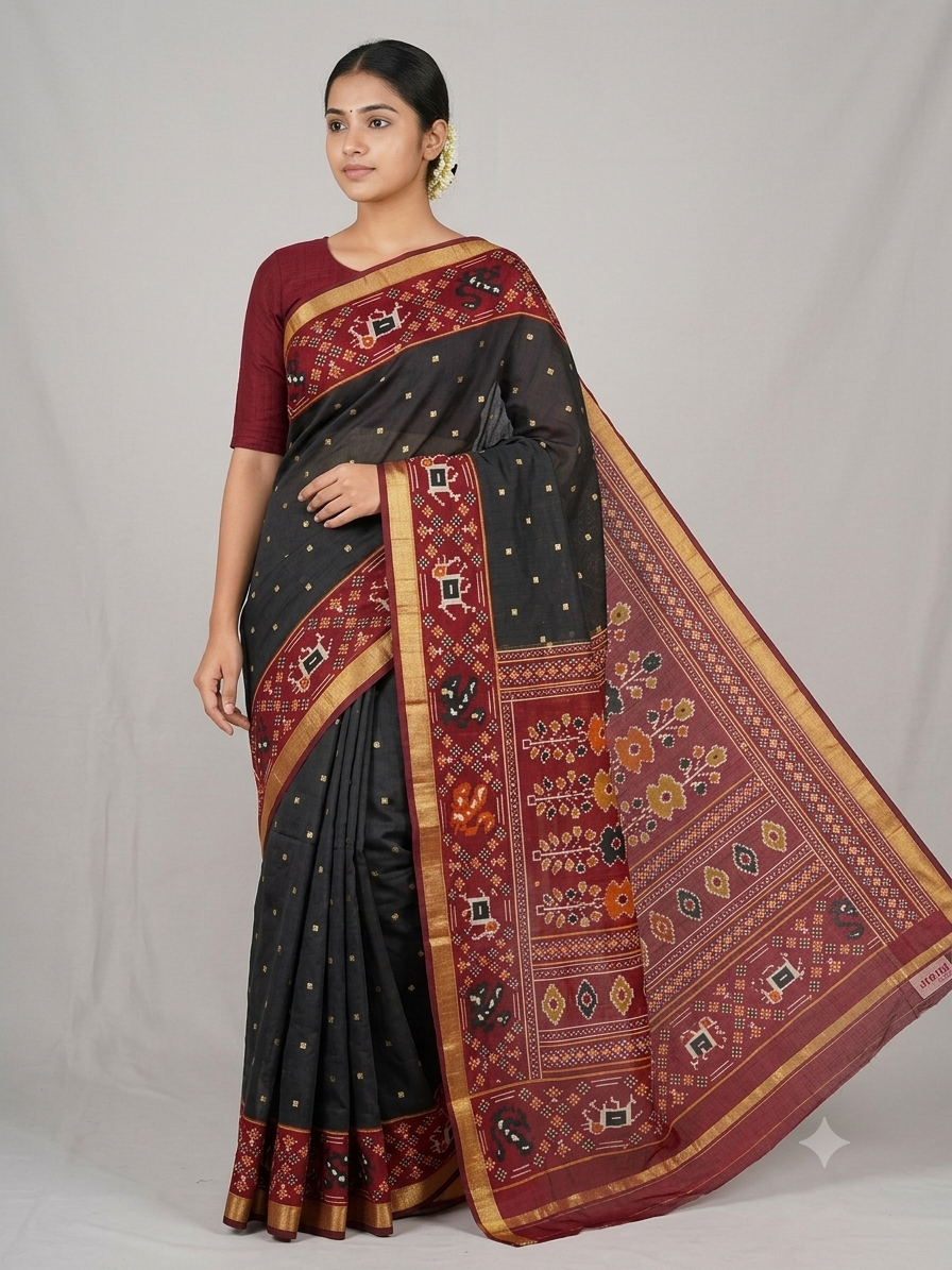 Midnight Black &amp; Red Patol Inspired Chanderi silk Saree