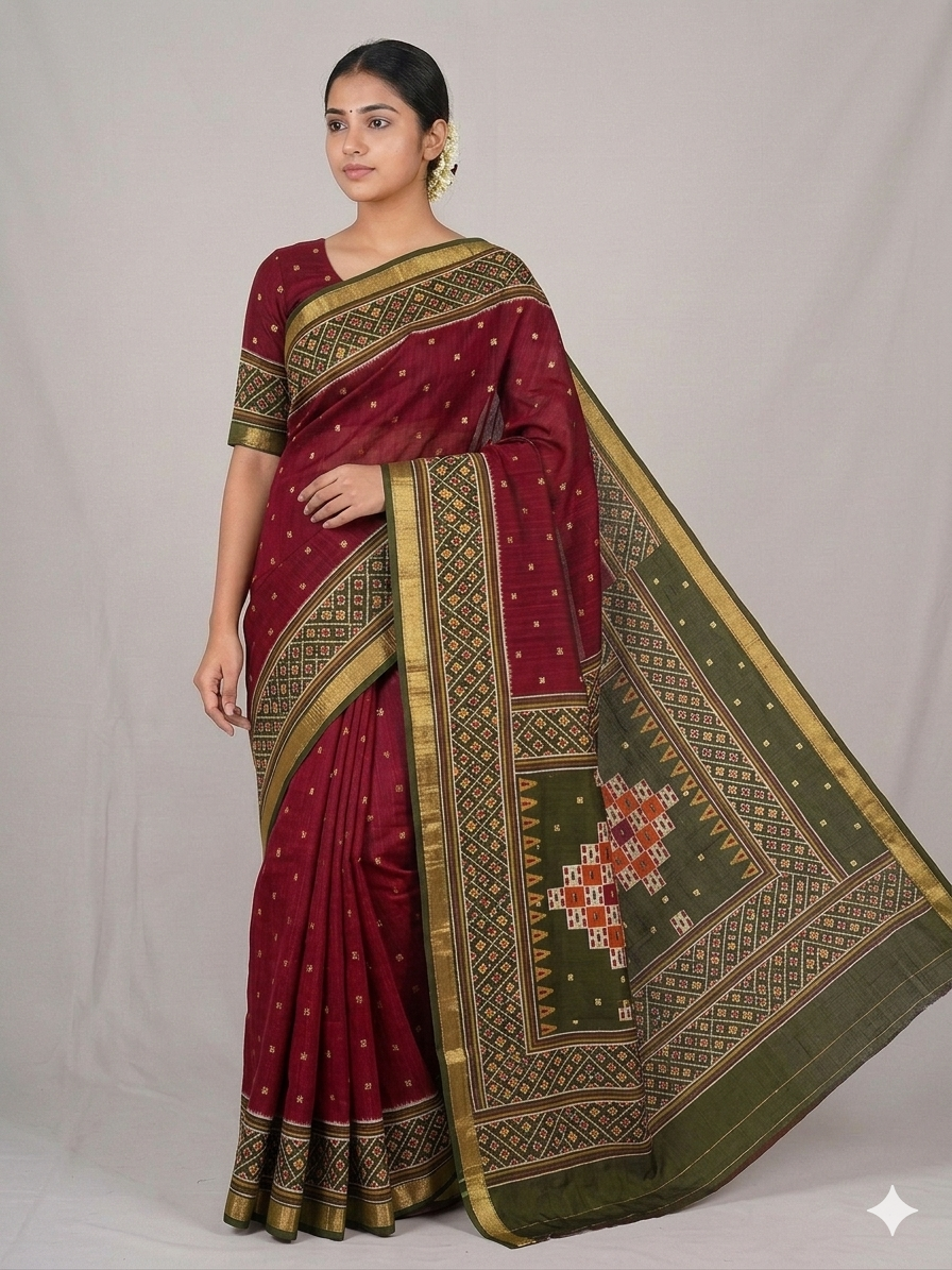 Maroon & Green Chanderi Silk Saree