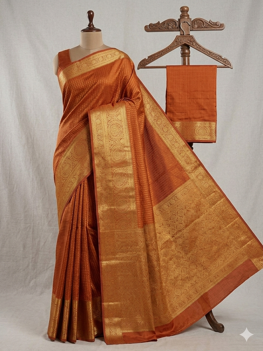 Rust Orange kanjeevaram silk saree with traditional golden zari
