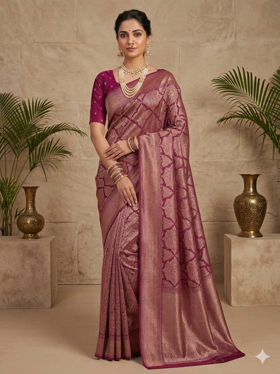 Wine Pink Pure Georgette Banarasi Saree
