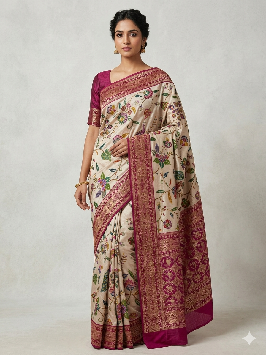Cream Crepe Silk Saree with Contrast Blouse