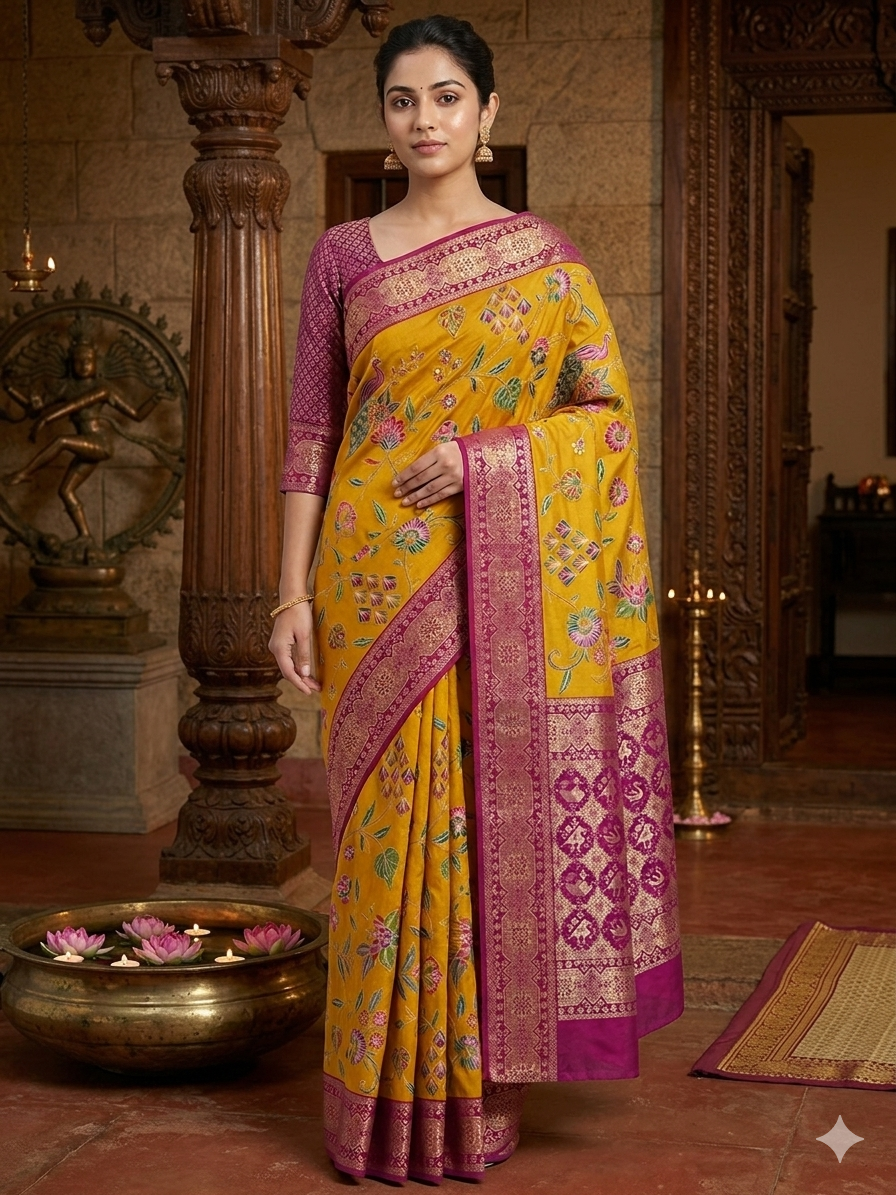 Mustard yellow Crepe Silk Saree