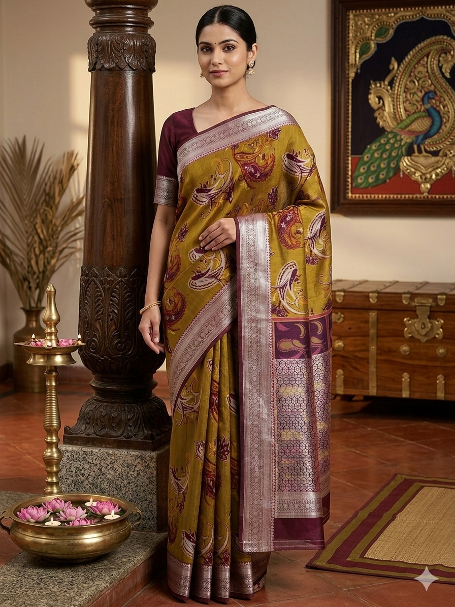 Digital print Soft Silk Saree with Contrast Blouse