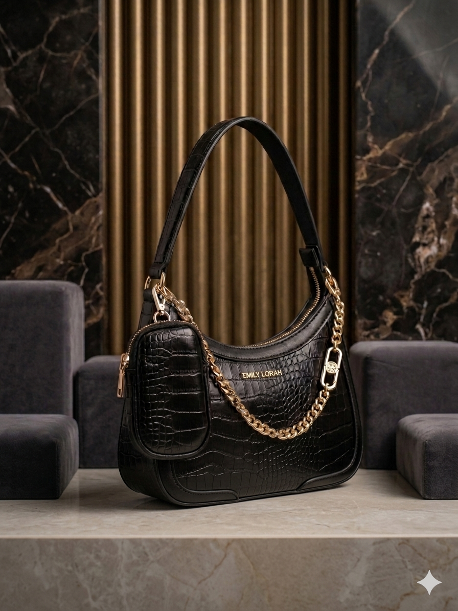 Emily Loran Croc Embossed Hobo Handbag with gold Chain and Detachable Pouch
