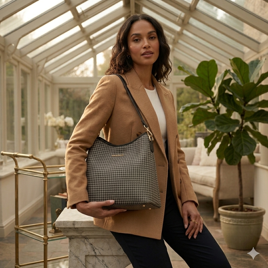 Magnolia Houndstooth tote bag with black top handles