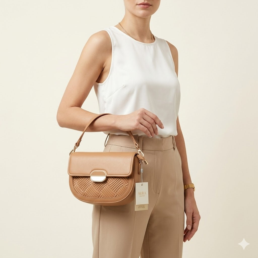Beige Textured Flap Sling Bag